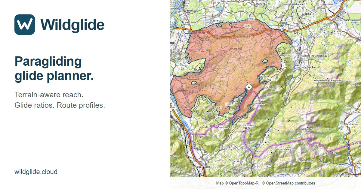 Wildglide terrain map with glide reach contours near Hochries in the Alps